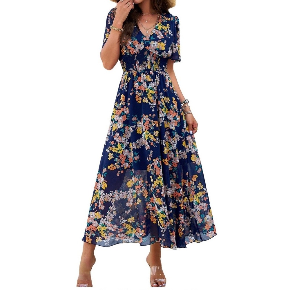 Galocmo Navy Blue Floral Smocked Waist V-Neck Maxi Dress Short Sleeve M